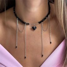 Punk-Halskette mit herzförmigem Zirkon-Anhänger und Fransen für Damen, böhmischer geometrischer barocker schwarzer Kristall-Kettenschmuck