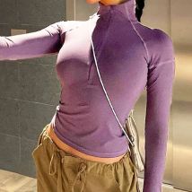 Sexy lila T-Shirt Frauen neue Herbst Winter Streetwear Mode lange Ärmel Roll kragen pullover Bodycon T-Shirts elegante lässige schlanke Dame Top