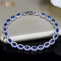 Pera Mode Frauen Silber Farbe Sommer Schmuck Design Dark Blue Zirkonia Oval Kette Link Armbänder für Mütter Tag B070