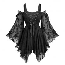 ROSEGAL Plus Size Bluse mit Stern-Stickerei, kalte Schulter, Schnürung, Ösen, ausgestellte Ärmel, lässig, elegant, Damen-Top, Schwarz