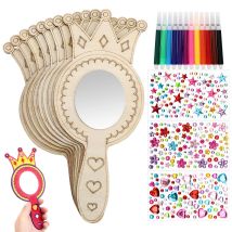 8Pcs Wooden Mirror Craft Kids Decorate Mirrors Unfinished Wooden Princess Mirror Crafts With Paintbrushes Birthday Party Gift