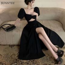 Kurze Puff Sleeve Schwarz Kleid Frauen Aushöhlen Design Split Quadrat Kragen Temperament Koreanischen Stil, Mode Damen Attraktive Ulzzang