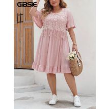 Gibsie Plus Size Kontrast Spitze O-Ausschnitt Schmetterling Ärmel Sommerkleid Frauen Boho Quaste lässig Rüschen Saum Midi Kleider