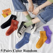 5 Paare/paket Farbe Zufällig Vier Saison Koreanischen Stil Frauen Socken Candy Farbe Avatar Emoticons Buchstaben Drucken Nette Socken