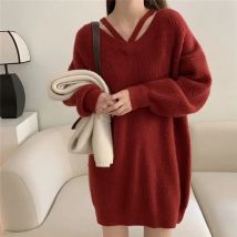 Rot Weibliche Pullover V-ausschnitt Lose Lange Gestrickte Pullover für Frauen Heißer Verkauf Winter Kleidung Verkäufe Hülse Thermische Koreanische Mode