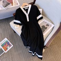 Plus Größe 155kg Damen büste Sommer neue Eisse ide Stricken Langarm Kleid mit V-Ausschnitt schwarz 5xl 6xl 7xl 8xl 9xl 10xl