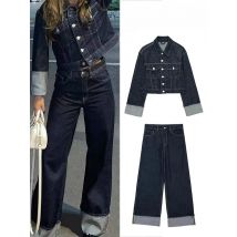 Damenmode-Anzug, Retro-Spleißen, einreihige Tasche, Jeansjacke + hoch taillierte Damen-Hosen mit weitem Bein und Reißverschluss, 2-teiliges Set