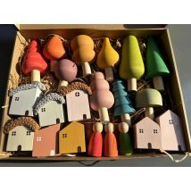 Kinder Holzspielzeug Pastell Nordische Bausteine Stapeln Häkelhaustiere Regenbogen Wald Bäume