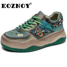 Koznoy 5cm echtes Leder Frauen bequeme klobige Sneaker Sommer Frühling gemischte Farbe vulkan isieren Stiefeletten Herbst atmungsaktive Schuhe