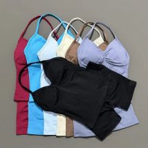 Conjunto de gimnasio de 2 piezas para Yoga para mujer, Tops con cuello Halter y espalda descubierta, pantalones cortos sin costuras de cintura alta, traje de gimnasio, sujetadores deportivos, ropa