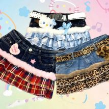 Sexy Low Waist Patchwork Handmade Denim Half Body Short Skirt for Girls Y2K Wave Pattern Subculture Butt Covering Skirt