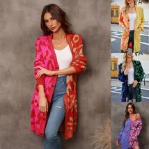 Damen-Strickjacke, V-Ausschnitt, volle Ärmel, bedruckt, Midi-Pullover, dick, gespleißt, einreihig, normal, Winter 2024