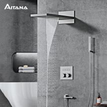 AITANA Luxuriöses thermostatisches Duschsystem aus grauem Messing mit wandmontiertem Design. Eingebetteter Wasserhahn für Badezimmer mit Warm- und Kaltwasser