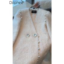 Französischer Stil, Perlen, Wollmäntel, Daunenfutter, schwere Industrie, Nerzhaar, V-Ausschnitt, mittellange Jacken, Weiß, für Damen, Winter, Luxus