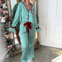 Weihnachts-Pyjama, gestreift, mit Knöpfen, bauchfreie Bluse, Schleife, Langarm-Shirt, Tops + Hose mit weitem Bein, Damen-Nachtwäsche für den Urlaub, Lounge