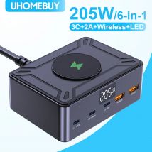 UHOMEBUY Caricatore GaN compatto USB C da 205 W con display digitale Stazione di ricarica rapida multiporta per telefoni Tablet Laptop