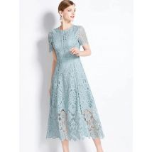 Elegant Water Soluble Lace Flower Embroidery Hollow Out Midi Dress Women's Stand Short Sleeve Solid Color Casual Office Vestido