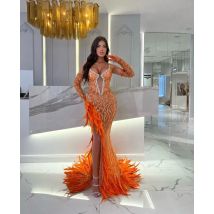 Frauen Luxus Sexy V-ausschnitt Feder Perlen Mesh Pailletten Sparkly Maxi Lange Kleider Kleid Elegante Berühmtheit Abend Party Club Kleid