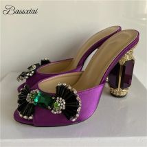 Jeweled Candy Butterfly-Knot Sandals Women Luxury Satin Rhinestone Diamond High Heel Slingbacks Mules Summer