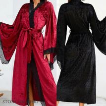Neue Samt Lange Robe Frauen Nachtwäsche Hause Kleid Sexy Spitze Trim Kimono Kleid Bademantel Nacht Tragen Lose Velour Loungewear Negligé