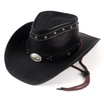 Classic Western Men's Cowboy Hat Women Cowgirl Cap Faux Leather Black Outdoor Gentleman Sombrero Hombre With Windproof Rope