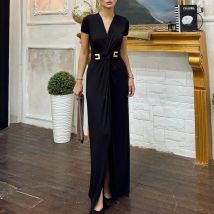 Maßgeschneidertes Dubai-Abend-Kaftan-Kleid, gerader V-Ausschnitt, Jersey, kurze Ärmel, bodenlang, schwarze modische Kleider für formelle Anlässe