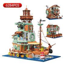 ZHE GAO Mini Kreative Angeln Dorf Log Hütte Bausteine MOC Hafen Hotel Restaurant Modell Spielzeug Ziegel Kinder Geschenk