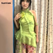 Karrram japanische y2k Neck holder Tops Baumwolle Ästhetik Chiffon Tank Top Vintage Harajuku grün gekräuselte ärmellose Tops 1920er Jahre