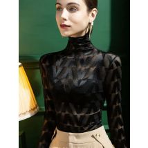 Women's Turtleneck Lace T-Shirt, Fall Winter New Fashion Bodycon Fit Tops, Elegant Blouse for Women