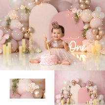 Romantischer errötend rosa Fotografie-Hintergrund für Kinder und Babys, Kuchenzeremonie-Fotokulisse, Dekorationen mit Ballonbogen und Kerzen, Studio-Hintergründe