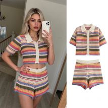 Farbstreifen-Strickset für Damen, kurzes Polo-Ausschnitt, bauchfreies Top, Retro-Strandshorts, 2025, Sommerurlaub, passendes Outfit