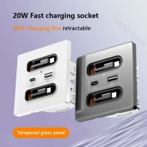 Weiße Universal-Smart-Steckdose mit teleskopischer Ladeleitung, 20 W, Schnellladung, Typ C, USB-Anschluss, gehärtetes Glas, Wandsteckdose