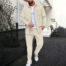 Frühling und Herbst Männer Waffel einfarbig zweiteiliger neuer Trend Revers Langarmhemd und Hose lässiger Outdoor-Sportanzug