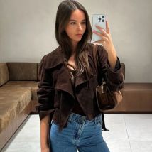TARUXY Retro Spitze-Up Revers Jacke frauen Fashion Solid Lange Ärmel Lose Kurzen Mantel Herbst Neue Pendeln High Street jacke