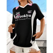 2025, Sommer Neues Schwarz-Rosa-Brooklyn-Druck-T-Shirt für Damen, V-Ausschnitt, kurze Ärmel, Sport-Fußballtrikot, Y2K, lockere Oversize-Tops