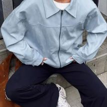 Laxsesu New Arrival: American Style Versatile Loose-Fit Vintage-Inspired Elegance Blue Zip-Up Jacket