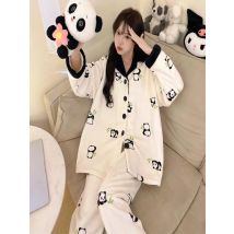 Anime Chiikawa Women's Sleepwear Hachiware Coral Velvet Thick Long Sleeve Pants Set Usagi Home Clothes Autumn/winter Pajamas