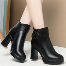 Winter Schwarz Starke High Heel Stiefeletten Frauen 2024 Warm Halten Mode Elegante Kurze Schnalle Dekoration Leder Stiefel