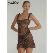 Nibber Leopardenmuster-Kleid für Damen, durchsichtig, Spitze, V-Ausschnitt, sexy, ärmellos, dünn, Mitternachtsmode, schick, Rüschensaum, Mini-Bodycon