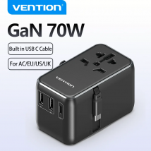 Vention Caricatore GaN da 70 W PD 65 W da viaggio universale con USB-C integrato Caricatore da muro con adattatore da viaggio tutto in uno in tutto il mondo per USA UE