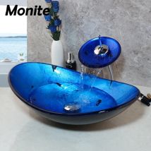 Monite Blau Bad Waschbecken Arbeitsplatte Gehärtetem Glas Becken Waschbecken Wasserhahn Set Messing Wasserfall Wasserhahn Waschraum Vessel Vanity Bar