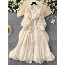 2026 Hochwertiges Modisches Damenkleid Frühling Elegantes Besticktes V-Ausschnitt Partykleid Lässiges Wadenlange Vintage-Kleid