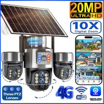Kamera solarna 20MP 4G z kartą SIM, WiFi, 10-krotnym zoomem optycznym, 3-osiowym PTZ, 4 obiektywami, 3 ekranami, zewnętrzna bezprzewodowa kamera bezpieczeństwa z automatycznym śledzeniem, CCTV V380