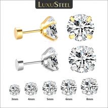 LUXUSTEEL 1Pairs/2Pcs Kolczyki sztyfty ze stali nierdzewnej dla kobiet mężczyzn 4 Prong Tragus Okrągła przezroczysta cyrkonia Biżuteria do uszu