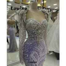 Lila lange Ärmel Luxus Party kleid Verlobung kleider Robe de Soiree Aso Ebi Kristalle Meerjungfrau Ballkleid Pailletten Abendkleid