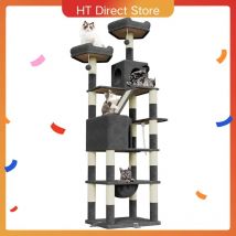 Tiragraffi per gatti Oak & Tea XXL da 208 cm con casa e amaca, resistente all'inclinazione con clip di rinforzo per tutti i gatti