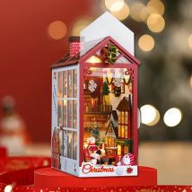 DIY Book Nook Wooden Christmas Doll House Kits Bookshelf Insert Decor With LED Light 3D Puzzle Assembly Model Bookend Xmas Gifts