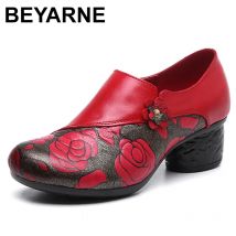 Beyarne Frühling Herbst National Style Frauen Pumps Blumen druck runde Zehen Echt leder Frauen Chunky Heel Schuhe plus Größe