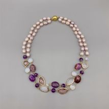 FoLisaUnique 2 Strands Purple Azurite Amethyst Necklace For Women 8-9mm Freshwater Pink Baroque Rice Pearls Moonstone Quartz