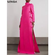 VONDA Women Long Maxi Dress Robes 2025 Elegant Chinese Style Bownot Stand Collar Party Slit Sundress Vintage Solid Vestidos